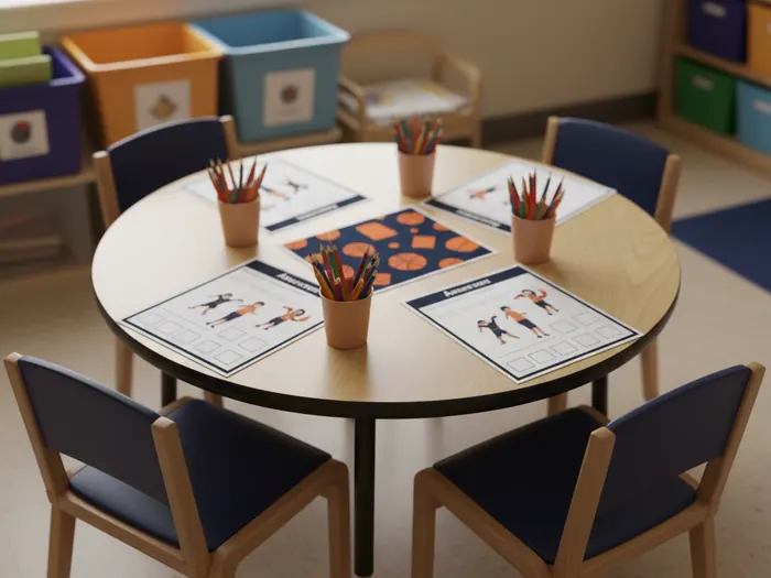 Classroom center table set with printed sports worksheets