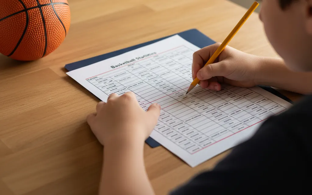 Student's hands filling in a printed basketball statistics worksheet at a kitchen table