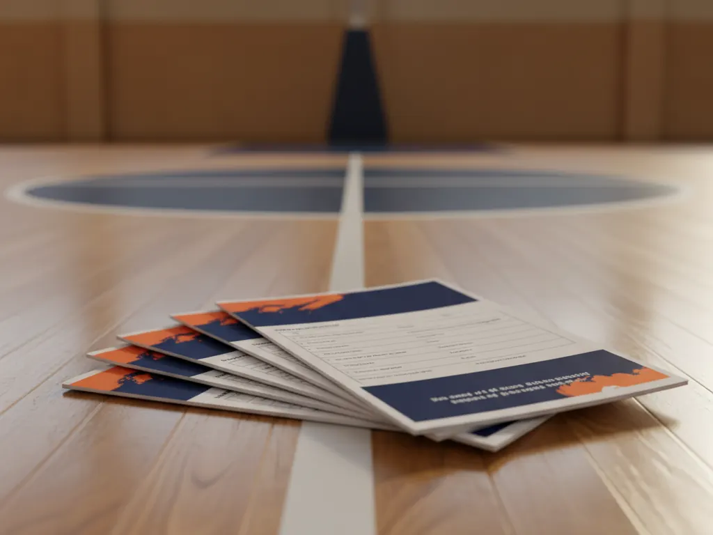 Five printed basketball worksheet packets fanned on a gym floor
