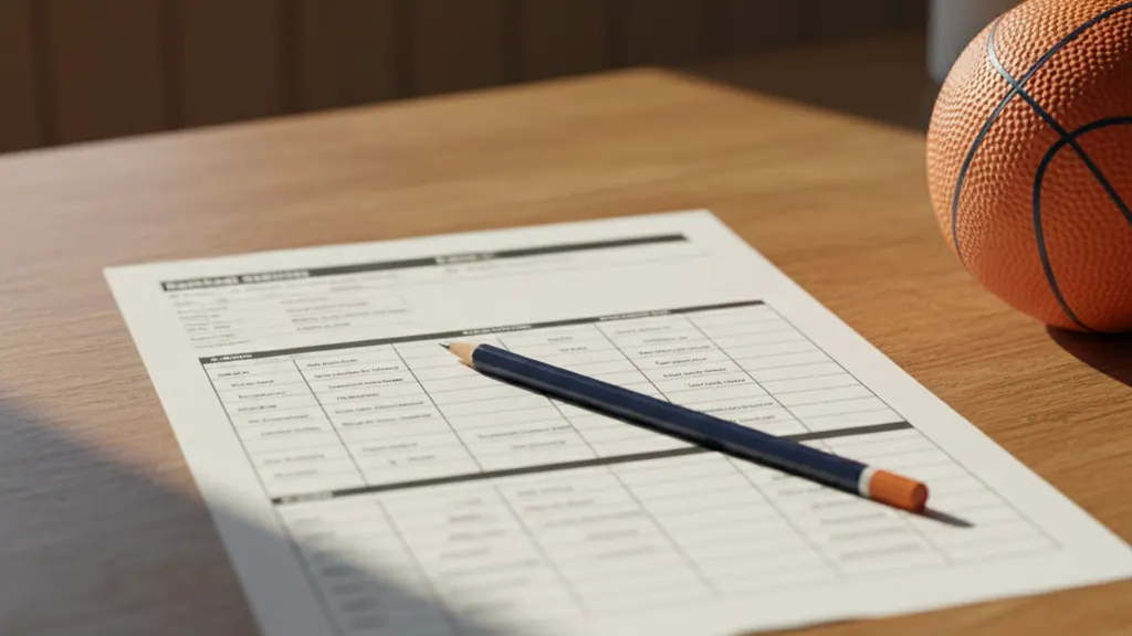 Printed basketball stats worksheet on a desk, ready to use